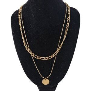 Layered Gold Tone Chain Necklace w/ Coin Disc Pendant | Modern Statement